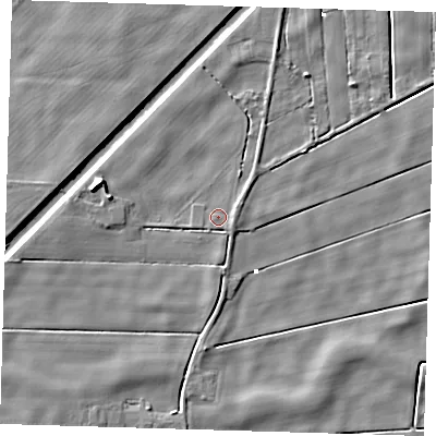 Shaded relief map of the ground around PE134PU, computed from Environment Agency LiDAR. The ground here sits at about 1 m above sea level and falls 6 m across the surrounding 800 m. Surface water reaching this point runs off ground lying to the east-north-east, 1.6 m higher.