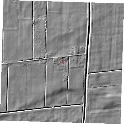 Shaded relief map of the ground around PE134PW, computed from Environment Agency LiDAR. The ground here sits at about 2 m above sea level and falls 5 m across the surrounding 800 m. Surface water reaching this point runs off ground lying to the west-north-west, 1.8 m higher.
