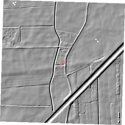 Shaded relief map of the ground around PE134PY, computed from Environment Agency LiDAR. The ground here sits at about 1 m above sea level and falls 4 m across the surrounding 800 m. Surface water reaching this point runs off ground lying to the south-south-east, 1.9 m higher.