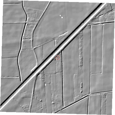 Shaded relief map of the ground around PE134PZ, computed from Environment Agency LiDAR. The ground here sits at about 1 m above sea level and falls 4 m across the surrounding 800 m. Surface water reaching this point runs off ground lying to the south-west, 3.5 m higher.