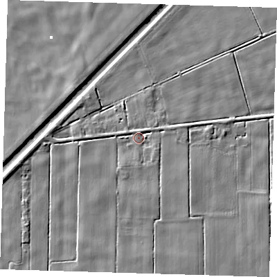 Shaded relief map of the ground around PE134QA, computed from Environment Agency LiDAR. The ground here sits at about 1 m above sea level and falls 5 m across the surrounding 800 m. Surface water reaching this point runs off ground lying to the south-east, 2.4 m higher.