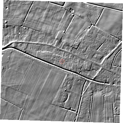Shaded relief map of the ground around PE134QB, computed from Environment Agency LiDAR. The ground here sits at about 2 m above sea level and falls 5 m across the surrounding 800 m. Surface water reaching this point runs off ground lying to the south-east, 0.5 m higher.