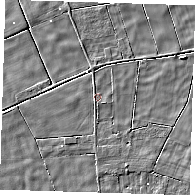 Shaded relief map of the ground around PE134QD, computed from Environment Agency LiDAR. The ground here sits at about -0 m above sea level and falls 4 m across the surrounding 800 m. Surface water reaching this point runs off ground lying to the south, 1.4 m higher.