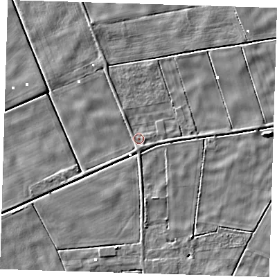 Shaded relief map of the ground around PE134QE, computed from Environment Agency LiDAR. The ground here sits at about -0 m above sea level and falls 4 m across the surrounding 800 m. Surface water reaching this point runs off ground lying to the east, 1.6 m higher.
