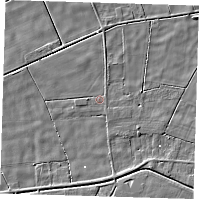 Shaded relief map of the ground around PE134QF, computed from Environment Agency LiDAR. The ground here sits at about 0 m above sea level and falls 4 m across the surrounding 800 m. Surface water reaching this point runs off ground lying to the south-south-east, 0.5 m higher.