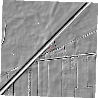 Shaded relief map of the ground around PE134QH, computed from Environment Agency LiDAR. The ground here sits at about 1 m above sea level and falls 4 m across the surrounding 800 m. Surface water reaching this point runs off ground lying to the north-north-west, 2.4 m higher.