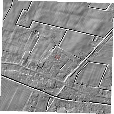 Shaded relief map of the ground around PE134QQ, computed from Environment Agency LiDAR. The ground here sits at about 2 m above sea level and falls 5 m across the surrounding 800 m. Surface water reaching this point runs off ground lying to the south-east, 2.3 m higher.