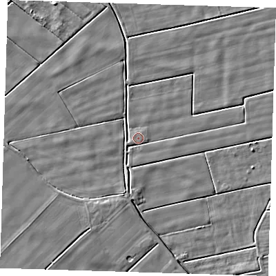 Shaded relief map of the ground around PE134QX, computed from Environment Agency LiDAR. The ground here sits at about 2 m above sea level and falls 3 m across the surrounding 800 m. Surface water reaching this point runs off ground lying to the south, 2.2 m higher.