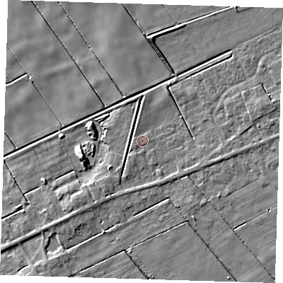 Shaded relief map of the ground around PE134QZ, computed from Environment Agency LiDAR. The ground here sits at about 2 m above sea level and falls 6 m across the surrounding 800 m. Surface water reaching this point runs off ground lying to the west-south-west, 0.6 m higher.