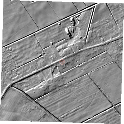Shaded relief map of the ground around PE134RA, computed from Environment Agency LiDAR. The ground here sits at about 2 m above sea level and falls 6 m across the surrounding 800 m. Surface water reaching this point runs off ground lying to the north-north-east, 1.1 m higher.