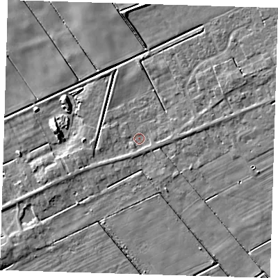 Shaded relief map of the ground around PE134RB, computed from Environment Agency LiDAR. The ground here sits at about 1 m above sea level and falls 6 m across the surrounding 800 m. Surface water reaching this point runs off ground lying to the west-south-west, 1.8 m higher.