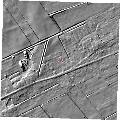 Shaded relief map of the ground around PE134RD, computed from Environment Agency LiDAR. The ground here sits at about 1 m above sea level and falls 6 m across the surrounding 800 m. Surface water reaching this point runs off ground lying to the east-north-east, 3.0 m higher.