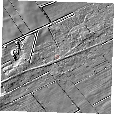 Shaded relief map of the ground around PE134RF, computed from Environment Agency LiDAR. The ground here sits at about 1 m above sea level and falls 6 m across the surrounding 800 m. Surface water reaching this point runs off ground lying to the south-east, 1.0 m higher.
