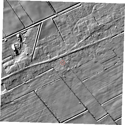 Shaded relief map of the ground around PE134RG, computed from Environment Agency LiDAR. The ground here sits at about 2 m above sea level and falls 6 m across the surrounding 800 m. Surface water reaching this point runs off ground lying to the north-north-east, 1.4 m higher.