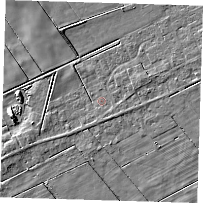 Shaded relief map of the ground around PE134RJ, computed from Environment Agency LiDAR. The ground here sits at about 1 m above sea level and falls 6 m across the surrounding 800 m. Surface water reaching this point runs off ground lying to the east-north-east, 2.6 m higher.