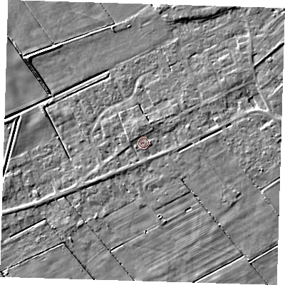 Shaded relief map of the ground around PE134RL, computed from Environment Agency LiDAR. The ground here sits at about 2 m above sea level and falls 5 m across the surrounding 800 m. Surface water reaching this point runs off ground lying to the north-north-west, 1.1 m higher.