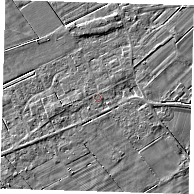 Shaded relief map of the ground around PE134RN, computed from Environment Agency LiDAR. The ground here sits at about 2 m above sea level and falls 5 m across the surrounding 800 m. Surface water reaching this point runs off ground lying to the south, 0.9 m higher.