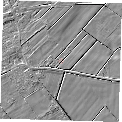 Shaded relief map of the ground around PE134RP, computed from Environment Agency LiDAR. The ground here sits at about 3 m above sea level and falls 5 m across the surrounding 800 m. Surface water reaching this point runs off ground lying to the south-west, 2.3 m higher.