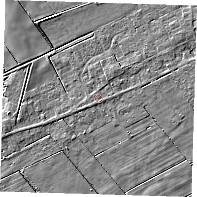 Shaded relief map of the ground around PE134RQ, computed from Environment Agency LiDAR. The ground here sits at about 2 m above sea level and falls 5 m across the surrounding 800 m. Surface water reaching this point runs off ground lying to the north-north-east, 1.4 m higher.