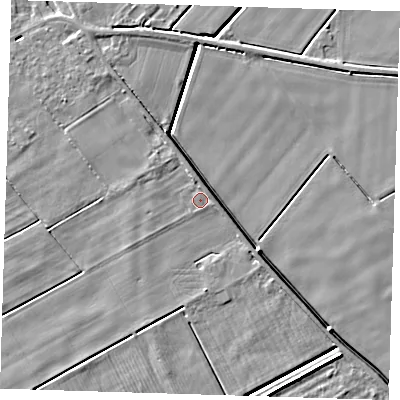 Shaded relief map of the ground around PE134RR, computed from Environment Agency LiDAR. The ground here sits at about 2 m above sea level and falls 5 m across the surrounding 800 m. Surface water reaching this point runs off ground lying to the north-west, 2.0 m higher.