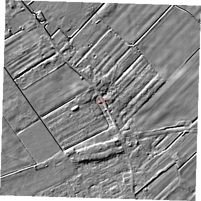 Shaded relief map of the ground around PE134RY, computed from Environment Agency LiDAR. The ground here sits at about 2 m above sea level and falls 5 m across the surrounding 800 m. Surface water reaching this point runs off ground lying to the north, 2.0 m higher.