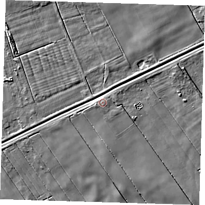 Shaded relief map of the ground around PE134RZ, computed from Environment Agency LiDAR. The ground here sits at about 3 m above sea level and falls 5 m across the surrounding 800 m. Surface water reaching this point runs off ground lying to the north-east, 4.2 m higher.
