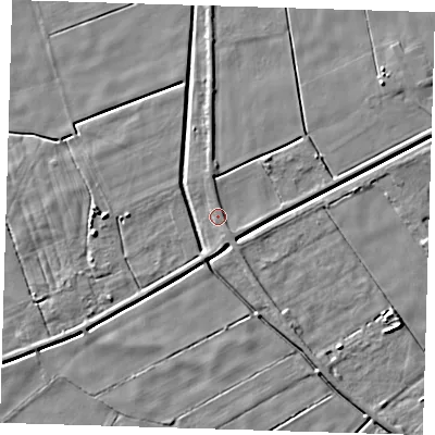 Shaded relief map of the ground around PE134SA, computed from Environment Agency LiDAR. The ground here sits at about 2 m above sea level and falls 5 m across the surrounding 800 m. Surface water reaching this point runs off ground lying to the east-north-east, 1.7 m higher.