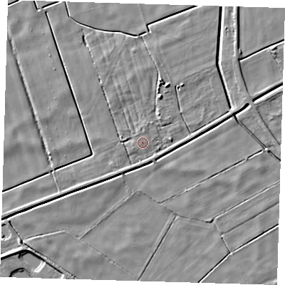 Shaded relief map of the ground around PE134SB, computed from Environment Agency LiDAR. The ground here sits at about 1 m above sea level and falls 5 m across the surrounding 800 m. Surface water reaching this point runs off ground lying to the south-south-west, 1.7 m higher.
