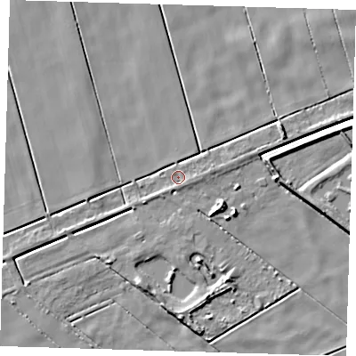 Shaded relief map of the ground around PE134SD, computed from Environment Agency LiDAR. The ground here sits at about 1 m above sea level and falls 6 m across the surrounding 800 m. Surface water reaching this point runs off ground lying to the east, 1.5 m higher.