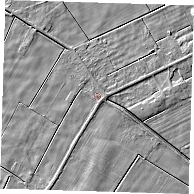 Shaded relief map of the ground around PE134SG, computed from Environment Agency LiDAR. The ground here sits at about 1 m above sea level and falls 5 m across the surrounding 800 m. Surface water reaching this point runs off ground lying to the east-north-east, 1.6 m higher.