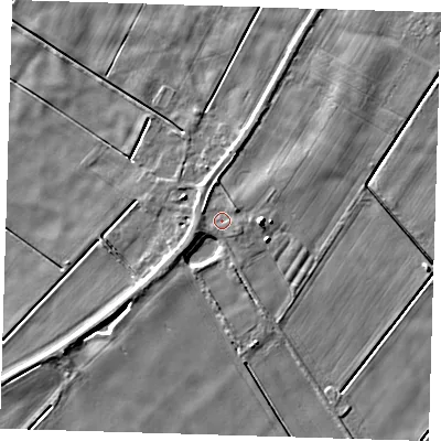 Shaded relief map of the ground around PE134SH, computed from Environment Agency LiDAR. The ground here sits at about 2 m above sea level and falls 6 m across the surrounding 800 m. Surface water reaching this point runs off ground lying to the north-east, 1.6 m higher.