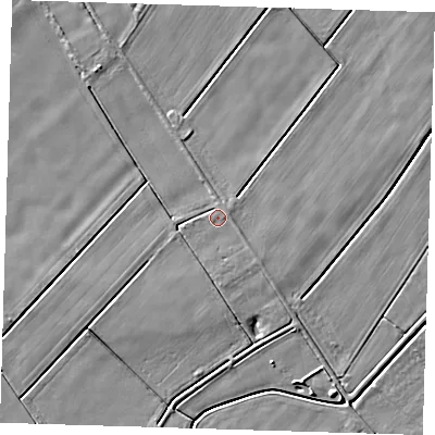 Shaded relief map of the ground around PE134SJ, computed from Environment Agency LiDAR. The ground here sits at about 2 m above sea level and falls 4 m across the surrounding 800 m. Surface water reaching this point runs off ground lying to the south-east, 0.8 m higher.