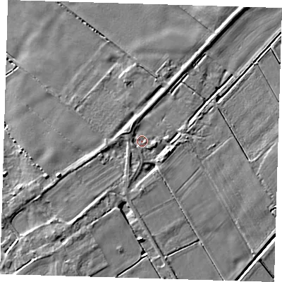 Shaded relief map of the ground around PE134SL, computed from Environment Agency LiDAR. The ground here sits at about 2 m above sea level and falls 6 m across the surrounding 800 m. Surface water reaching this point runs off ground lying to the west-north-west, 1.8 m higher.