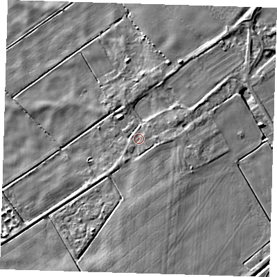 Shaded relief map of the ground around PE134SP, computed from Environment Agency LiDAR. The ground here sits at about 2 m above sea level and falls 6 m across the surrounding 800 m. Surface water reaching this point runs off ground lying to the south-east, 0.8 m higher.