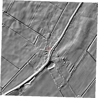 Shaded relief map of the ground around PE134SQ, computed from Environment Agency LiDAR. The ground here sits at about 1 m above sea level and falls 6 m across the surrounding 800 m. Surface water reaching this point runs off ground lying to the south-south-west, 2.9 m higher.