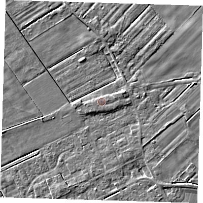 Shaded relief map of the ground around PE134SS, computed from Environment Agency LiDAR. The ground here sits at about 3 m above sea level and falls 5 m across the surrounding 800 m. The ground contributing surface water to this point lies to the east.
