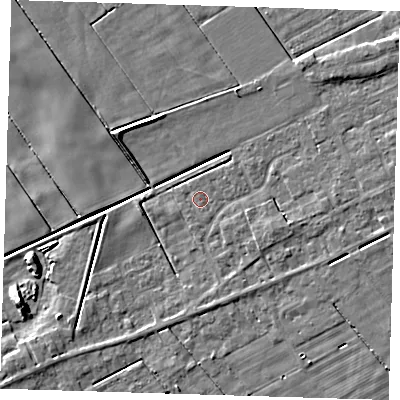Shaded relief map of the ground around PE134ST, computed from Environment Agency LiDAR. The ground here sits at about 2 m above sea level and falls 6 m across the surrounding 800 m. Surface water reaching this point runs off ground lying to the north-west, 0.6 m higher.