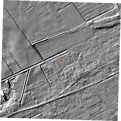 Shaded relief map of the ground around PE134SU, computed from Environment Agency LiDAR. The ground here sits at about 1 m above sea level and falls 6 m across the surrounding 800 m. Surface water reaching this point runs off ground lying to the east-north-east, 0.5 m higher.