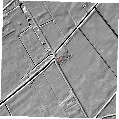 Shaded relief map of the ground around PE134SW, computed from Environment Agency LiDAR. The ground here sits at about 2 m above sea level and falls 6 m across the surrounding 800 m. Surface water reaching this point runs off ground lying to the west-south-west, 1.2 m higher.