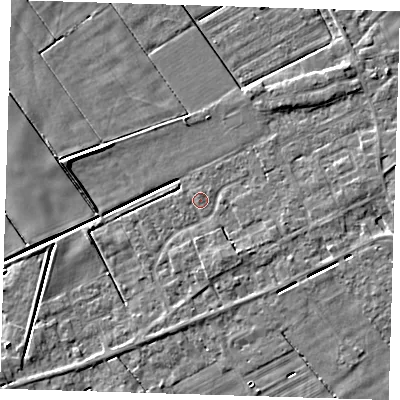 Shaded relief map of the ground around PE134SX, computed from Environment Agency LiDAR. The ground here sits at about 2 m above sea level and falls 5 m across the surrounding 800 m. Surface water reaching this point runs off ground lying to the south-east, 2.1 m higher.