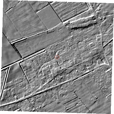 Shaded relief map of the ground around PE134SY, computed from Environment Agency LiDAR. The ground here sits at about 2 m above sea level and falls 5 m across the surrounding 800 m. Surface water reaching this point runs off ground lying to the south-south-east, 2.1 m higher.