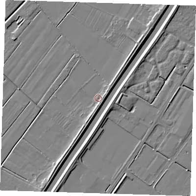 Shaded relief map of the ground around PE134TA, computed from Environment Agency LiDAR. The ground here sits at about 3 m above sea level and falls 6 m across the surrounding 800 m. Surface water reaching this point runs off ground lying to the north-east, 2.7 m higher.