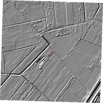 Shaded relief map of the ground around PE134TB, computed from Environment Agency LiDAR. The ground here sits at about 3 m above sea level and falls 6 m across the surrounding 800 m. Surface water reaching this point runs off ground lying to the north-north-east, 3.8 m higher.
