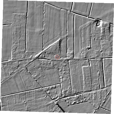 Shaded relief map of the ground around PE134TF, computed from Environment Agency LiDAR. The ground here sits at about 3 m above sea level and falls 4 m across the surrounding 800 m. Surface water reaching this point runs off ground lying to the east-north-east, 2.2 m higher.