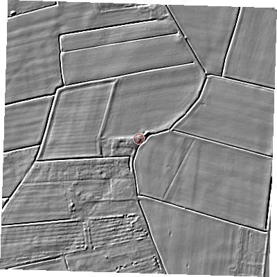 Shaded relief map of the ground around PE134TJ, computed from Environment Agency LiDAR. The ground here sits at about 3 m above sea level and falls 4 m across the surrounding 800 m. Surface water reaching this point runs off ground lying to the east-north-east, 1.8 m higher.