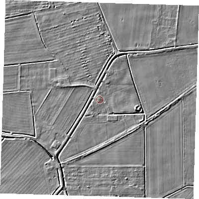 Shaded relief map of the ground around PE134TL, computed from Environment Agency LiDAR. The ground here sits at about 3 m above sea level and falls 4 m across the surrounding 800 m. Surface water reaching this point runs off ground lying to the east-north-east, 1.2 m higher.