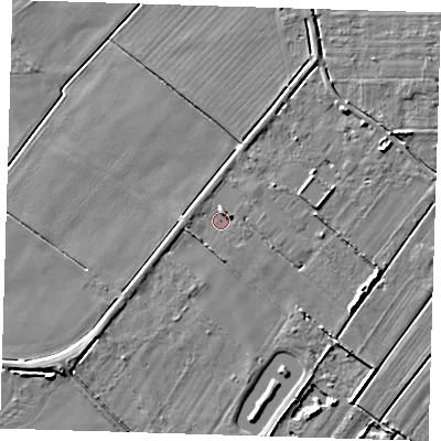 Shaded relief map of the ground around PE134TP, computed from Environment Agency LiDAR. The ground here sits at about 3 m above sea level and falls 5 m across the surrounding 800 m. Surface water reaching this point runs off ground lying to the north-north-east, 2.5 m higher.