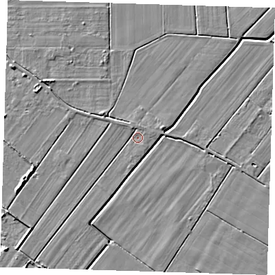Shaded relief map of the ground around PE134TR, computed from Environment Agency LiDAR. The ground here sits at about 2 m above sea level and falls 5 m across the surrounding 800 m. Surface water reaching this point runs off ground lying to the north-north-west, 2.3 m higher.