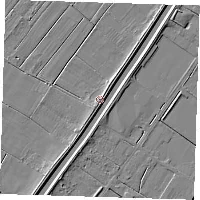 Shaded relief map of the ground around PE134TS, computed from Environment Agency LiDAR. The ground here sits at about 4 m above sea level and falls 6 m across the surrounding 800 m. Surface water reaching this point runs off ground lying to the south-south-west, 4.4 m higher.