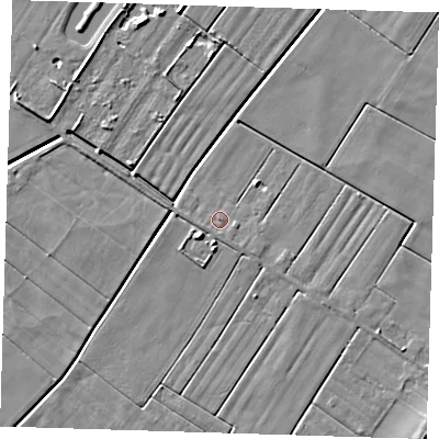 Shaded relief map of the ground around PE134TU, computed from Environment Agency LiDAR. The ground here sits at about 2 m above sea level and falls 5 m across the surrounding 800 m. Surface water reaching this point runs off ground lying to the east-south-east, 0.9 m higher.